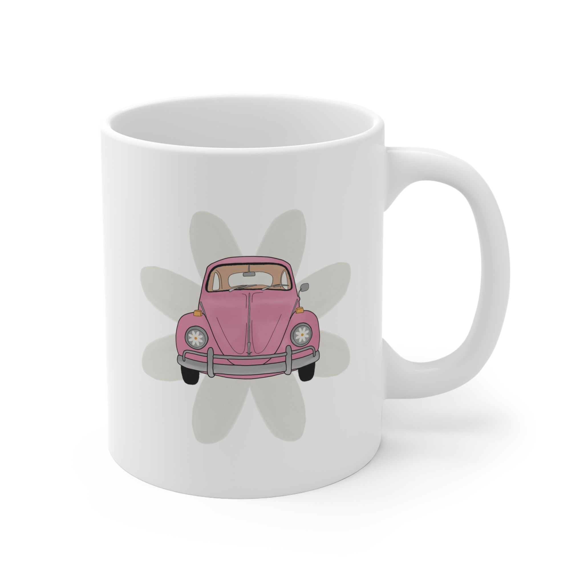 11oz Coffee Mug — Pink Retro Beetle Car Floral Design
