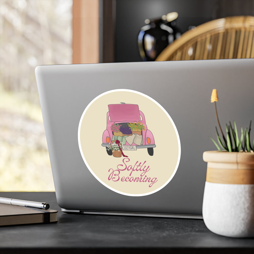 Softly Becoming Vinyl Sticker — Pink Flower Truck Kiss-Cut Decal