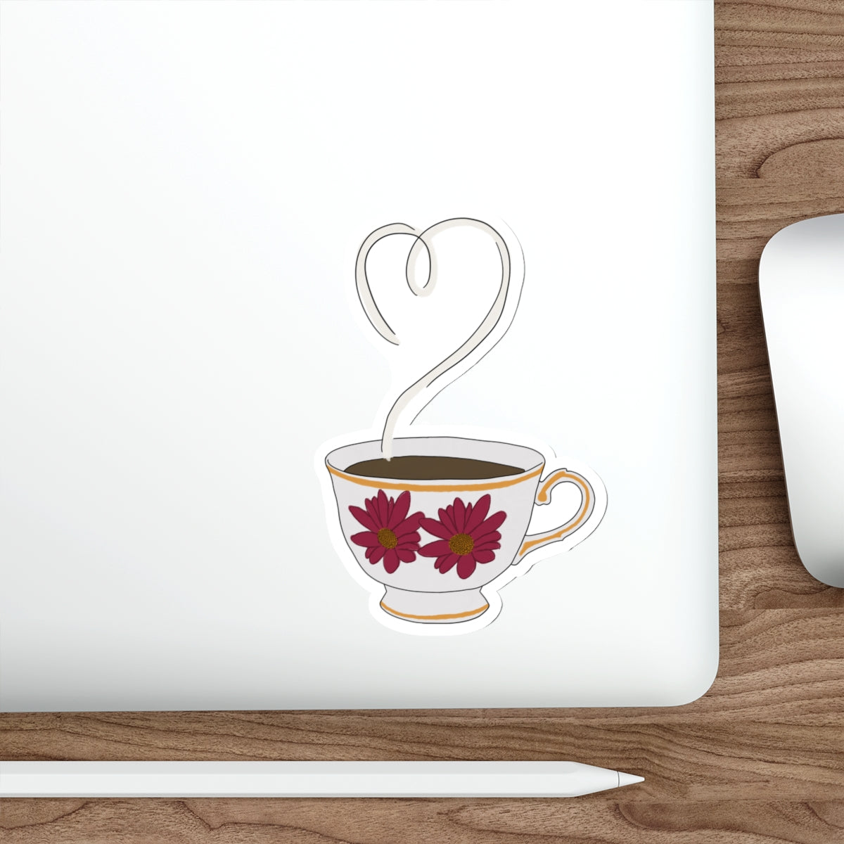 Tea Heart Die-Cut Sticker — Floral Teacup Laptop/ Bottle Decal