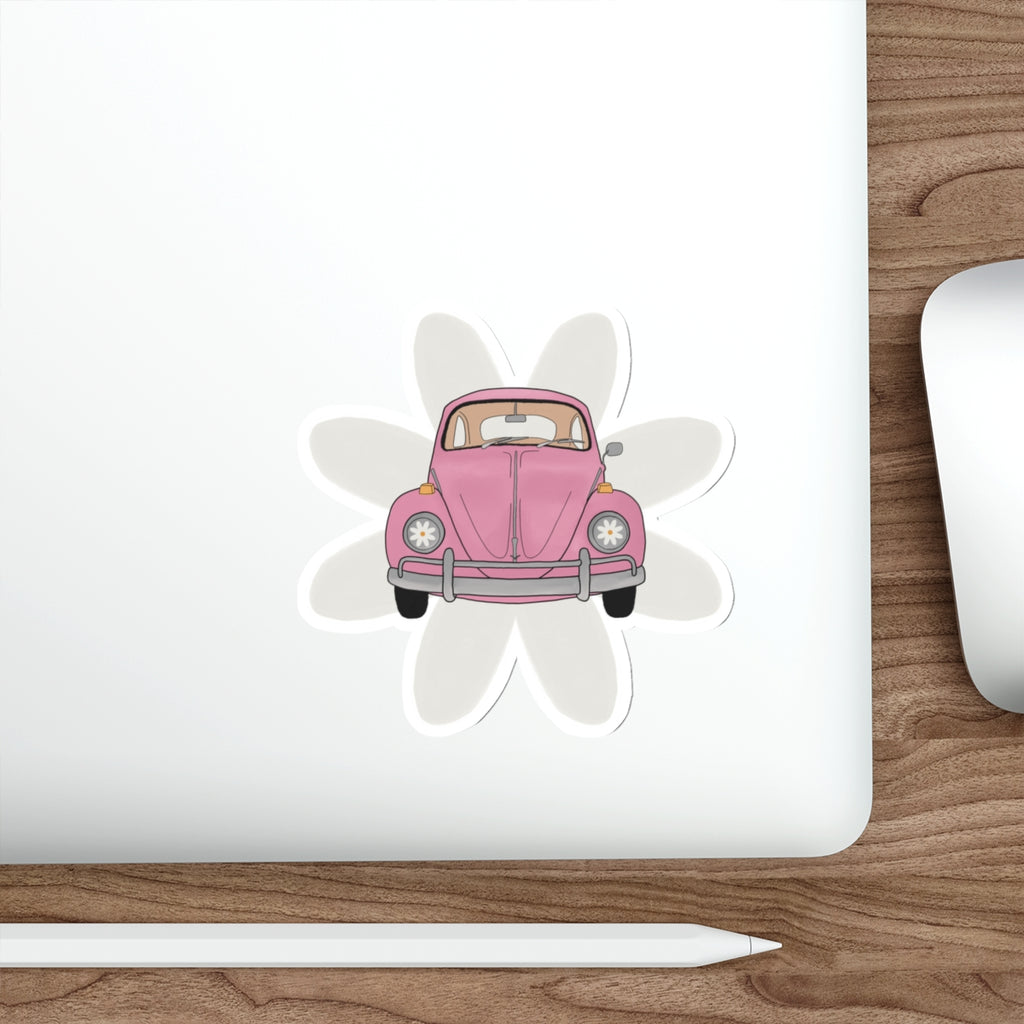 Vintage Pink Beetle Die-Cut Sticker — Cute Retro Car Flower Decal