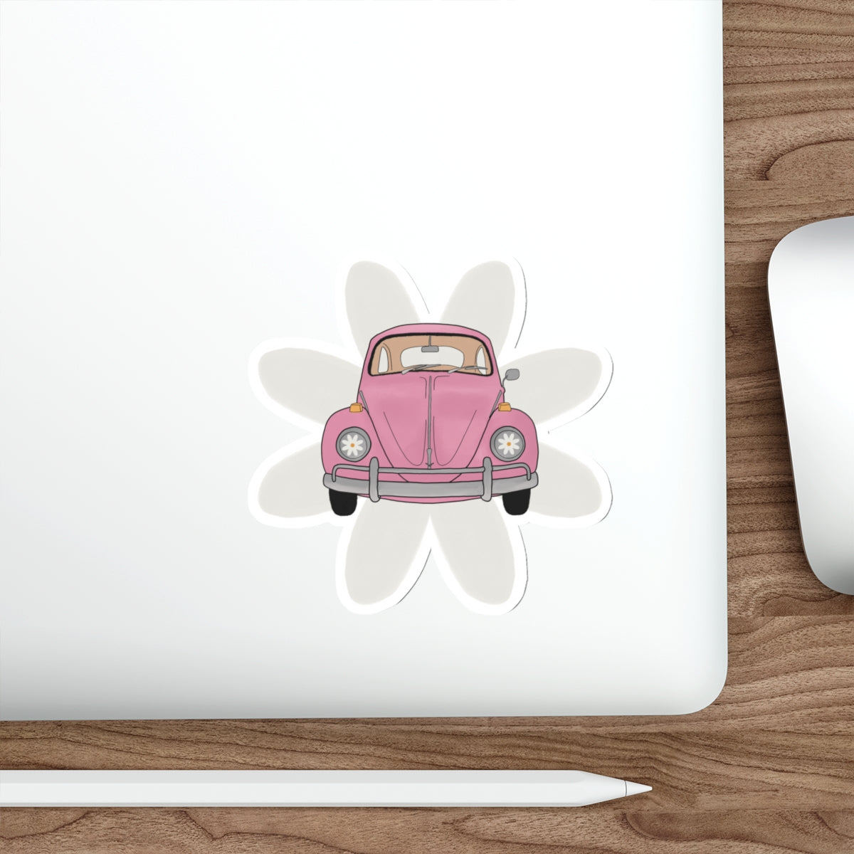 Vintage Pink Beetle Die-Cut Sticker — Cute Retro Car Flower Decal