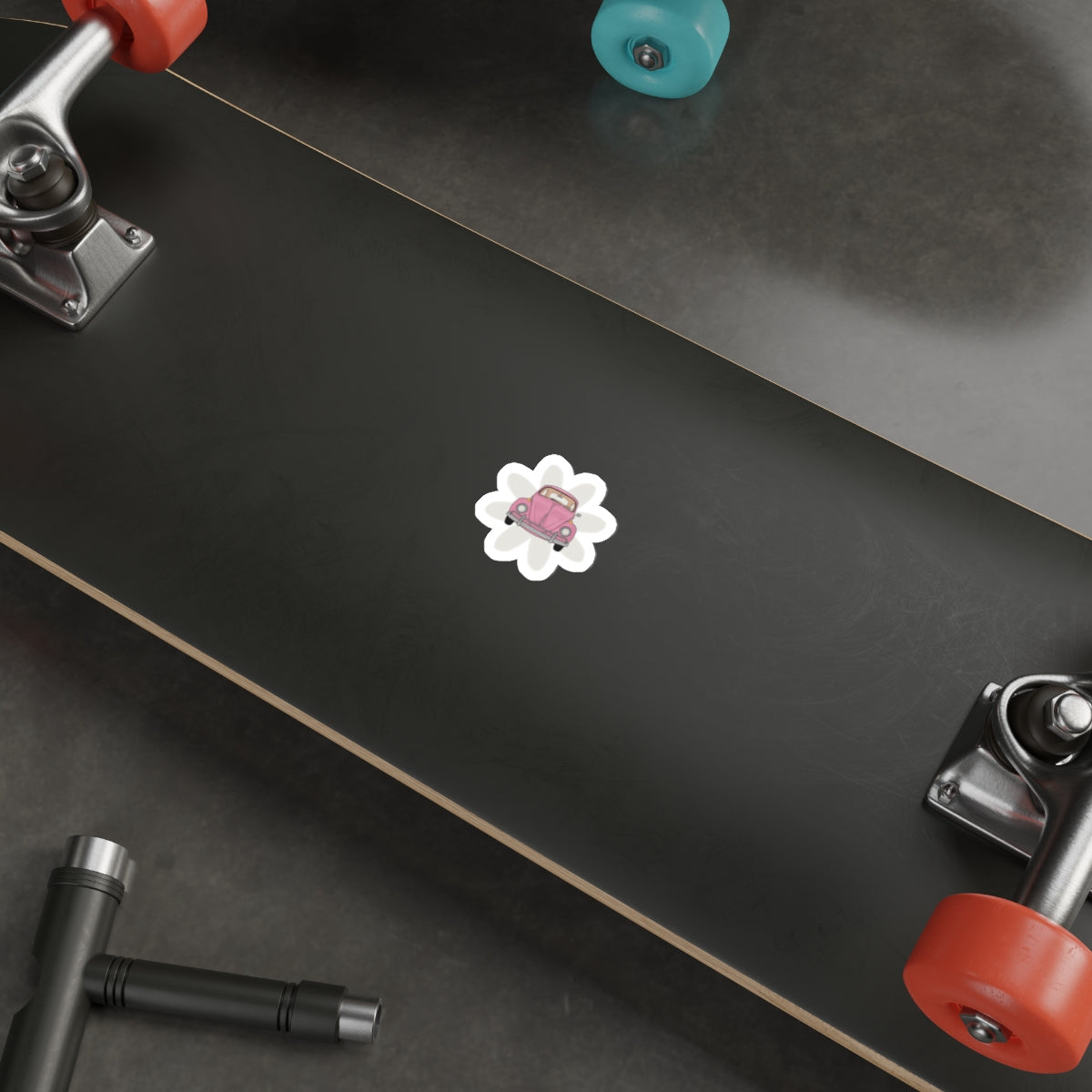 Vintage Pink Beetle Die-Cut Sticker — Cute Retro Car Flower Decal