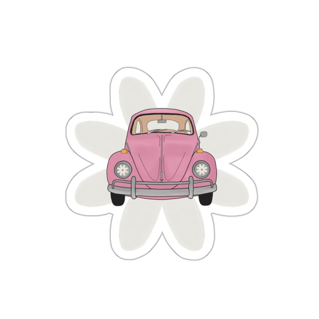 Vintage Pink Beetle Die-Cut Sticker — Cute Retro Car Flower Decal