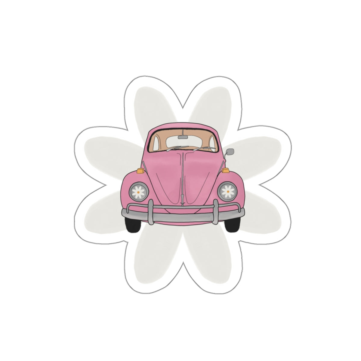 Vintage Pink Beetle Die-Cut Sticker — Cute Retro Car Flower Decal