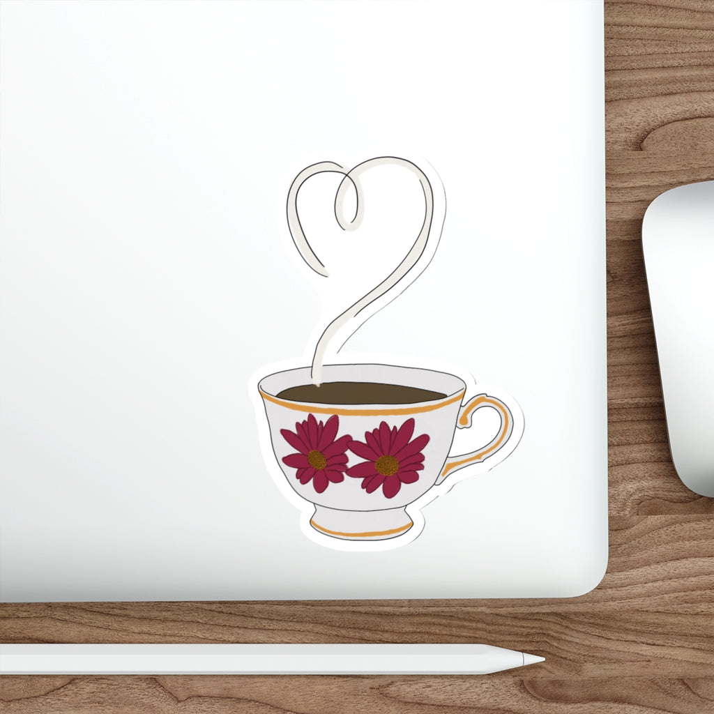 Tea Heart Die-Cut Sticker — Floral Teacup Laptop/ Bottle Decal
