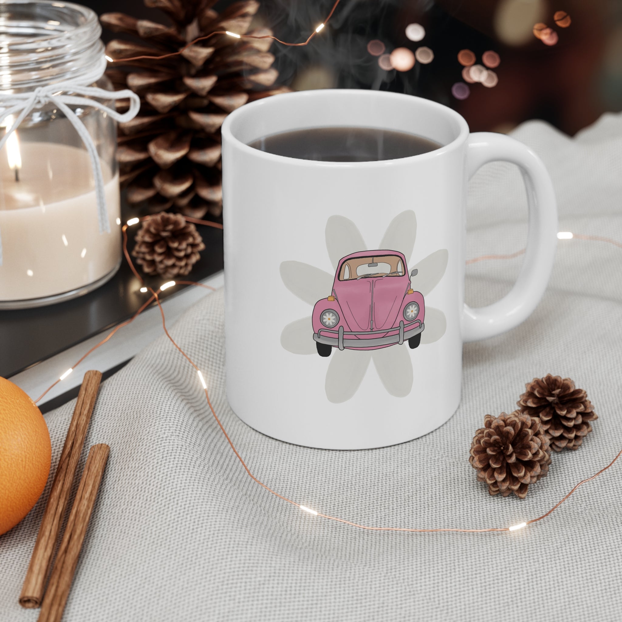 11oz Coffee Mug — Pink Retro Beetle Car Floral Design