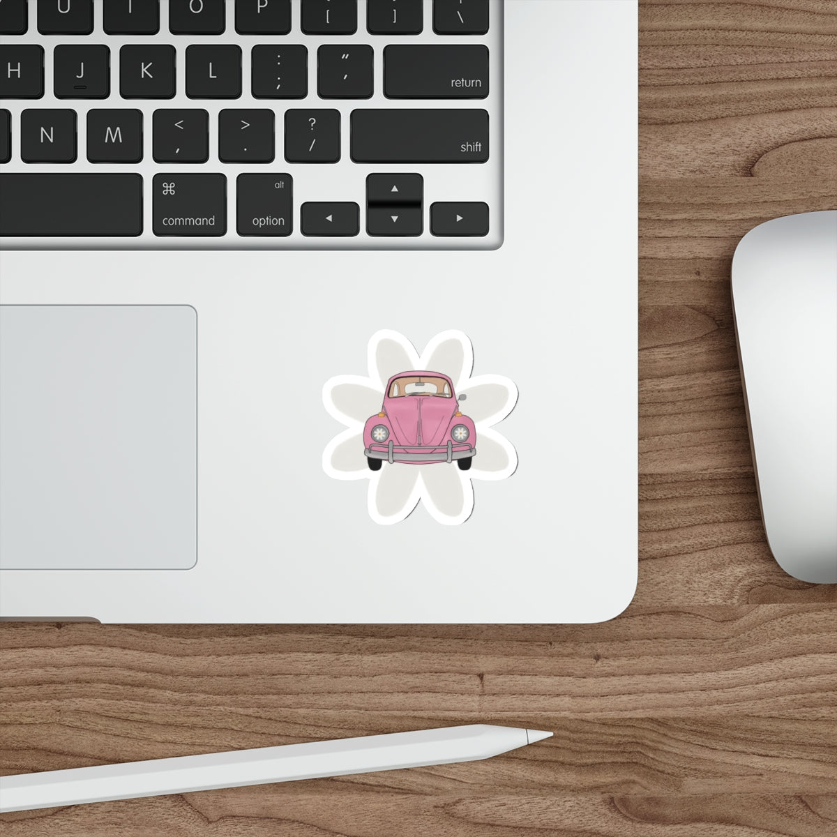 Vintage Pink Beetle Die-Cut Sticker — Cute Retro Car Flower Decal