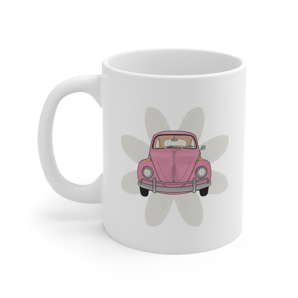 11oz Coffee Mug — Pink Retro Beetle Car Floral Design