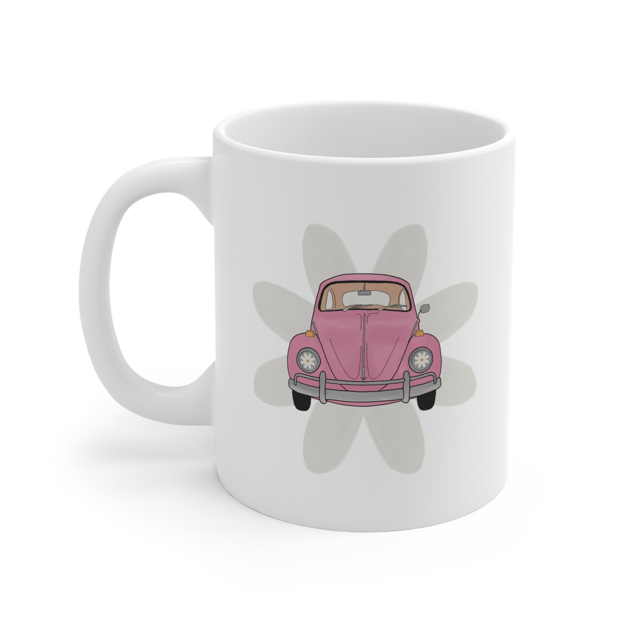 11oz Coffee Mug — Pink Retro Beetle Car Floral Design