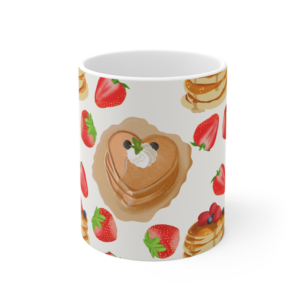Strawberry Pancake Pattern 11oz Ceramic Mug — Cute Breakfast Stack Coffee Cup
