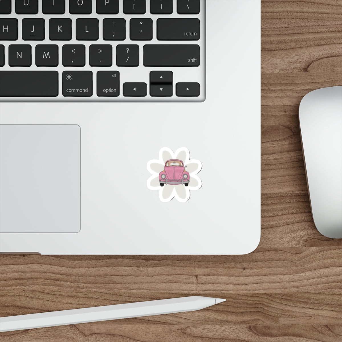 Vintage Pink Beetle Die-Cut Sticker — Cute Retro Car Flower Decal