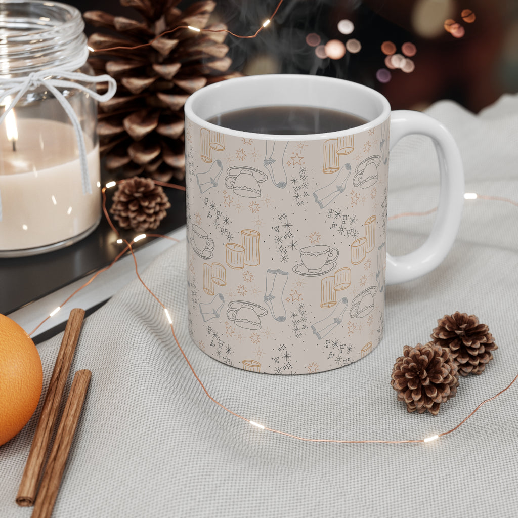 Cozy Morning Pattern Mug – Neutral Coffee & Tea Icons 11oz