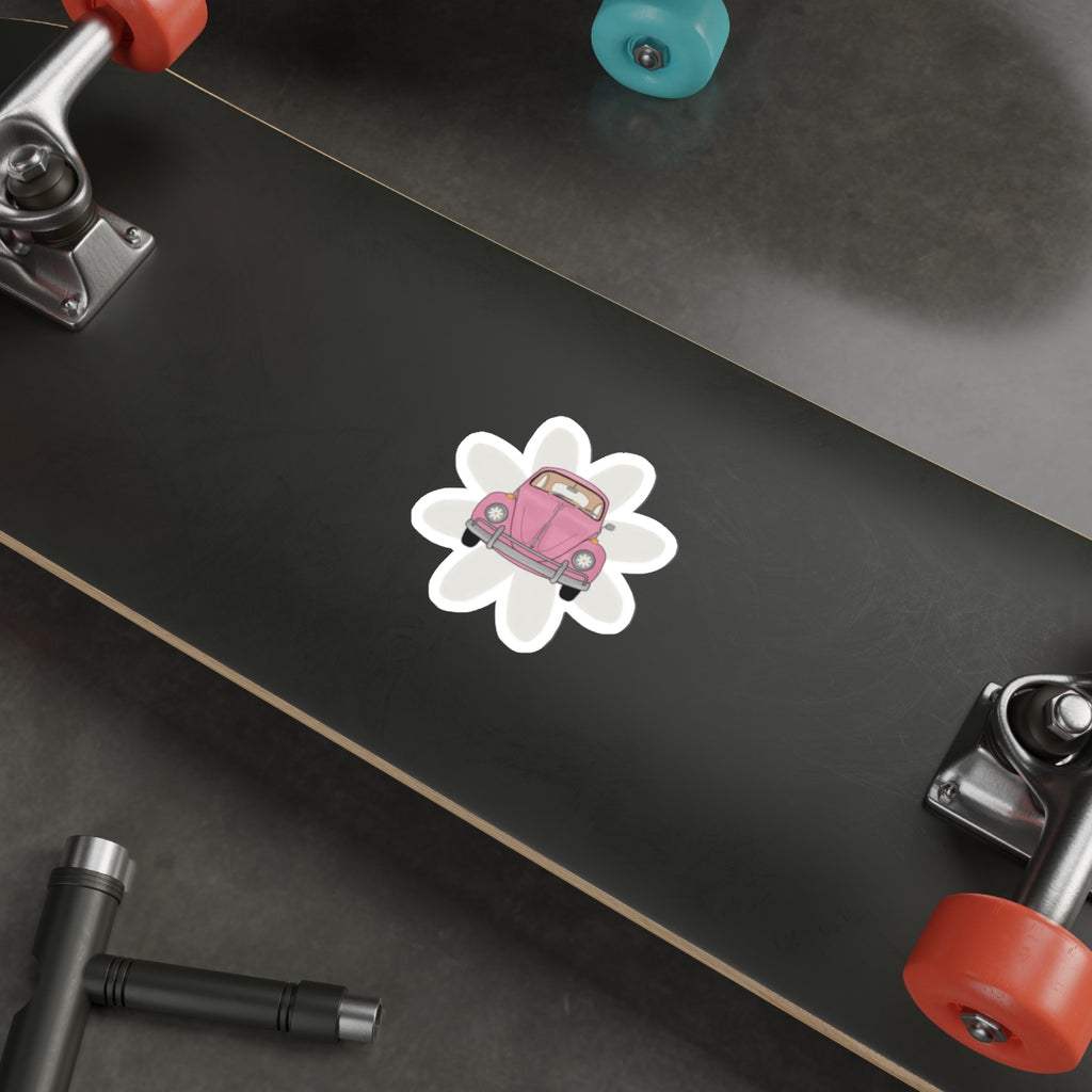 Vintage Pink Beetle Die-Cut Sticker — Cute Retro Car Flower Decal