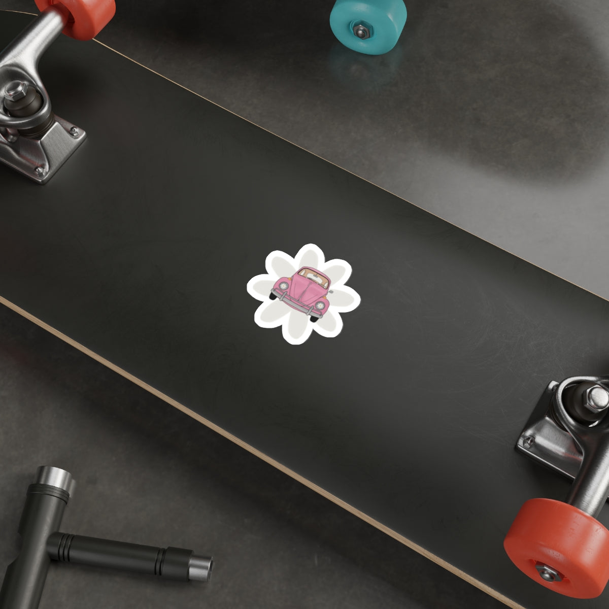 Vintage Pink Beetle Die-Cut Sticker — Cute Retro Car Flower Decal