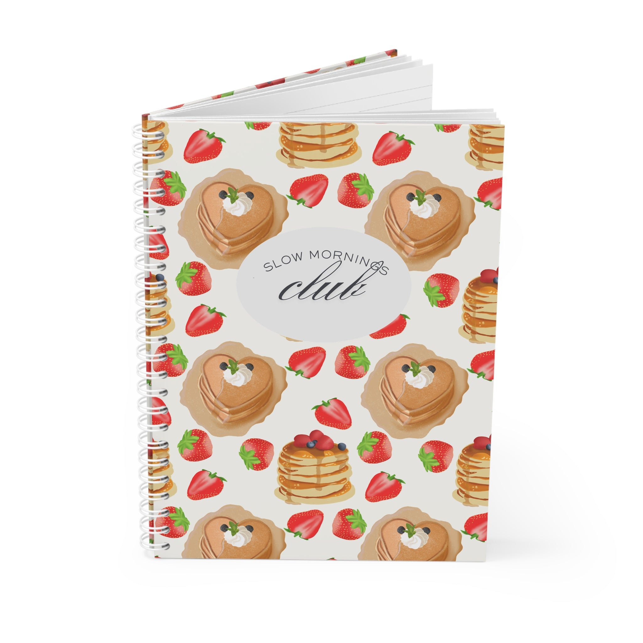Spiral Notebook — "Slow Mornings Club" Pancake & Strawberry Pattern