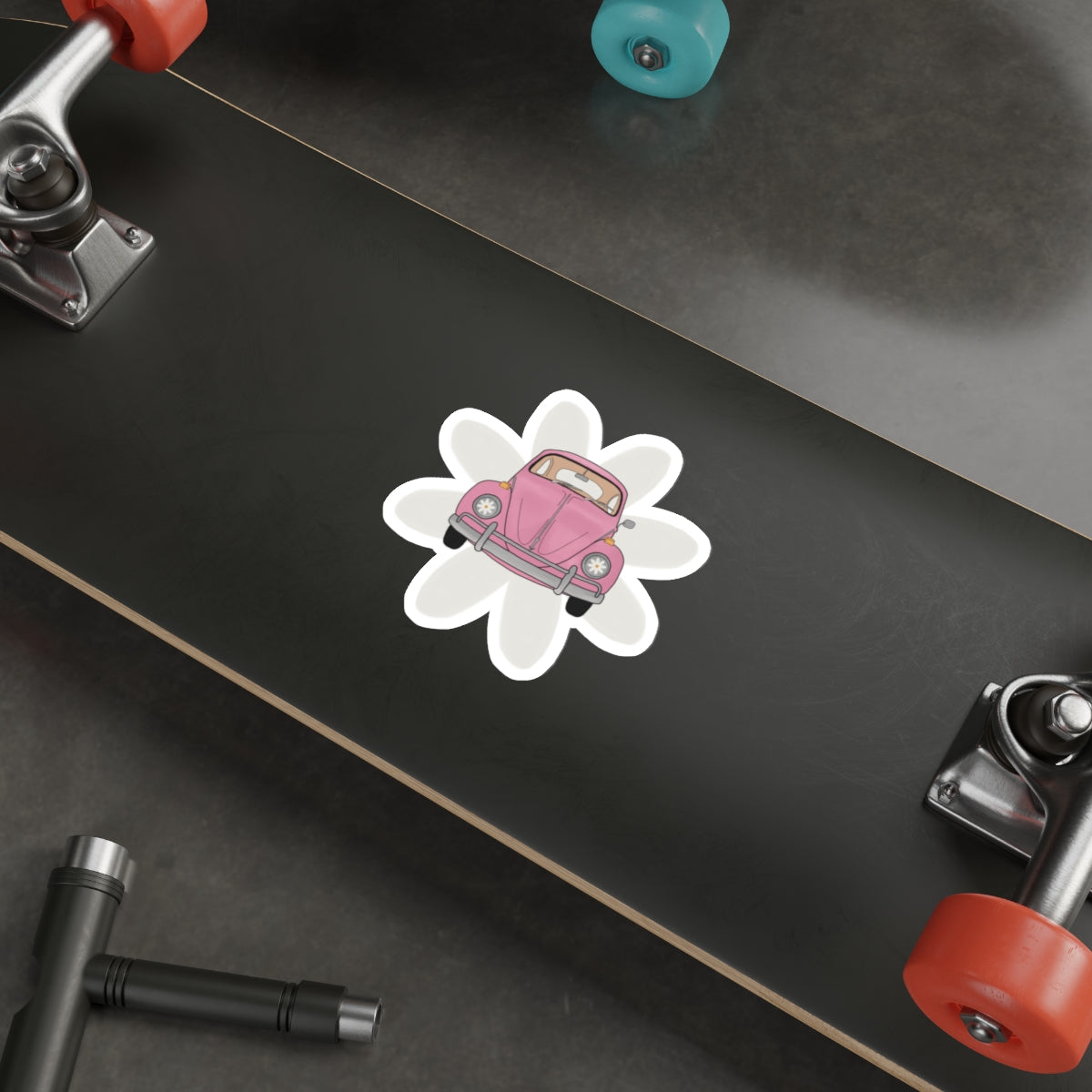 Vintage Pink Beetle Die-Cut Sticker — Cute Retro Car Flower Decal