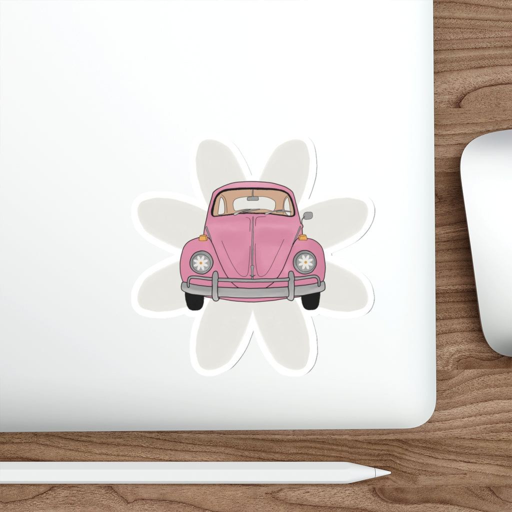 Vintage Pink Beetle Die-Cut Sticker — Cute Retro Car Flower Decal