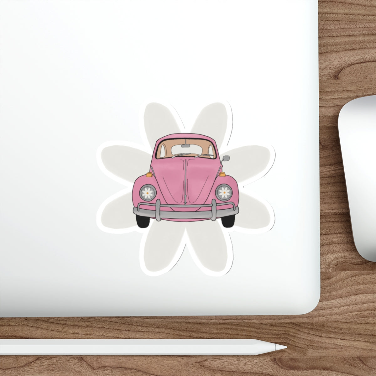 Vintage Pink Beetle Die-Cut Sticker — Cute Retro Car Flower Decal
