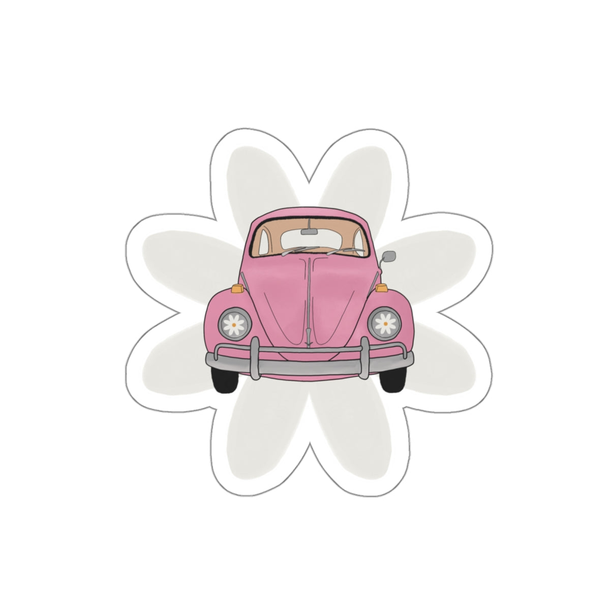 Vintage Pink Beetle Die-Cut Sticker — Cute Retro Car Flower Decal