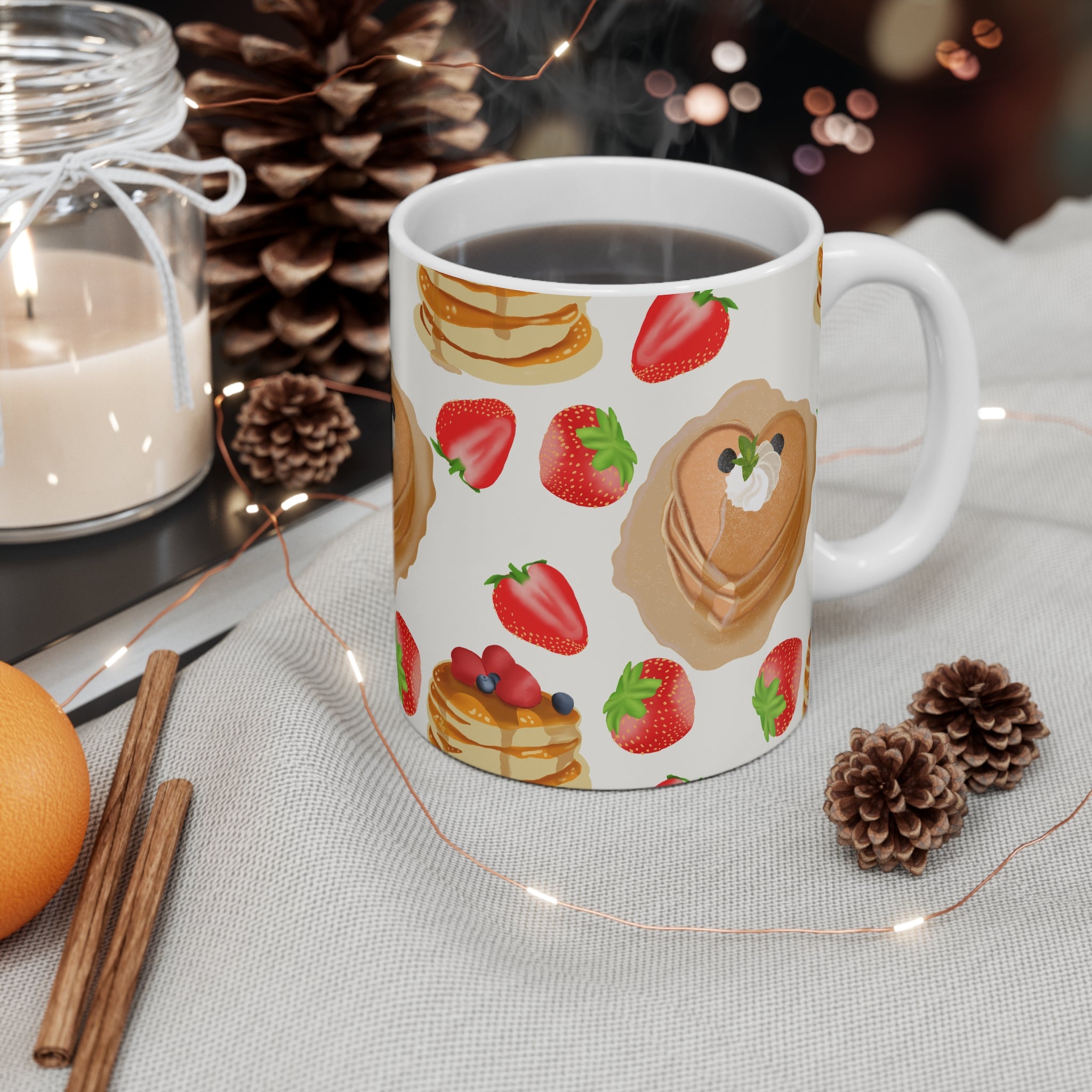 Strawberry Pancake Pattern 11oz Ceramic Mug — Cute Breakfast Stack Coffee Cup