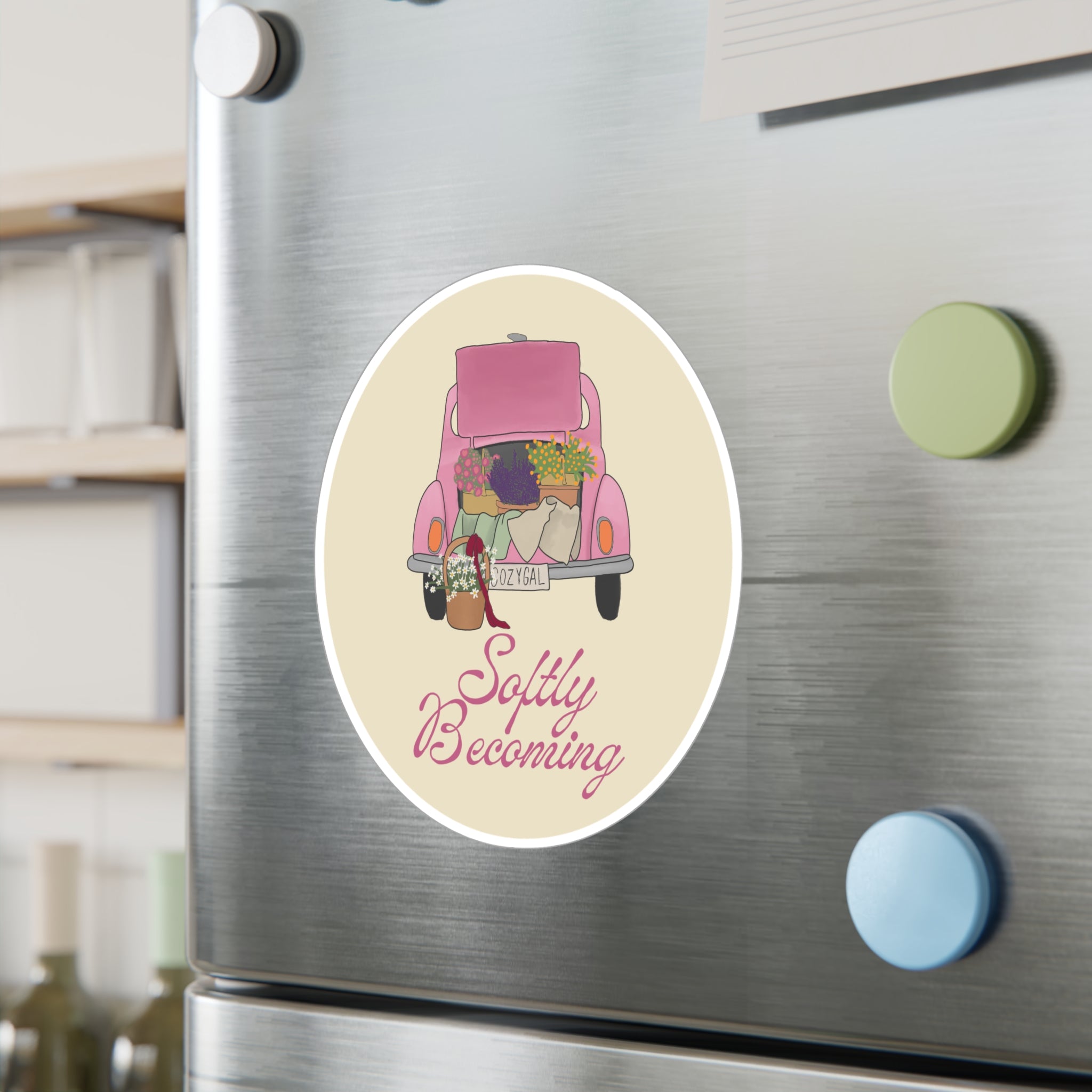 Softly Becoming Vinyl Sticker — Pink Flower Truck Kiss-Cut Decal