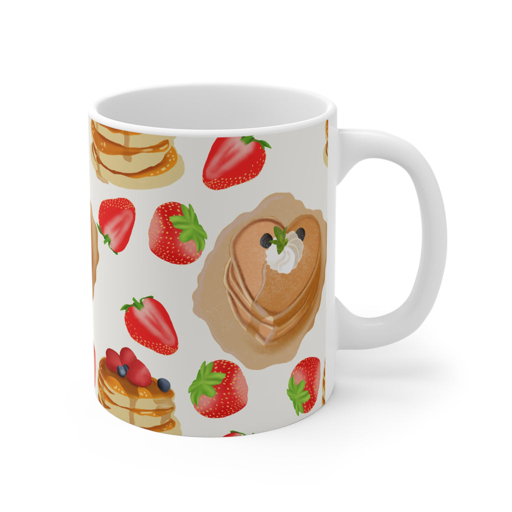 Strawberry Pancake Pattern 11oz Ceramic Mug — Cute Breakfast Stack Coffee Cup