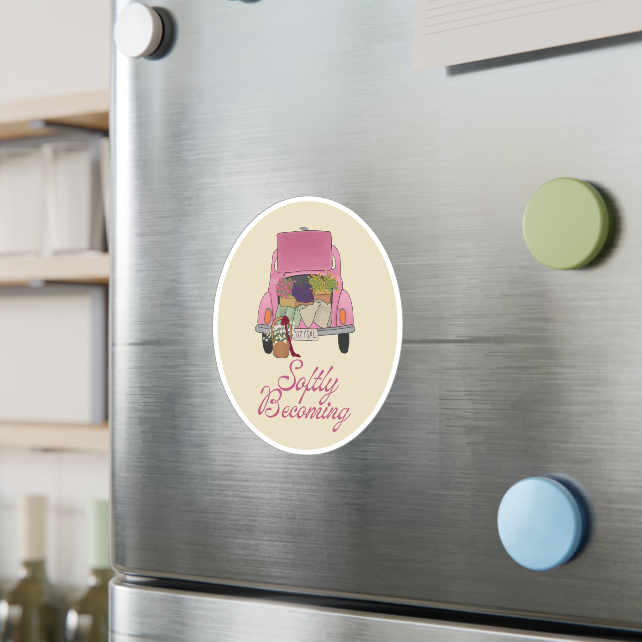 Softly Becoming Vinyl Sticker — Pink Flower Truck Kiss-Cut Decal