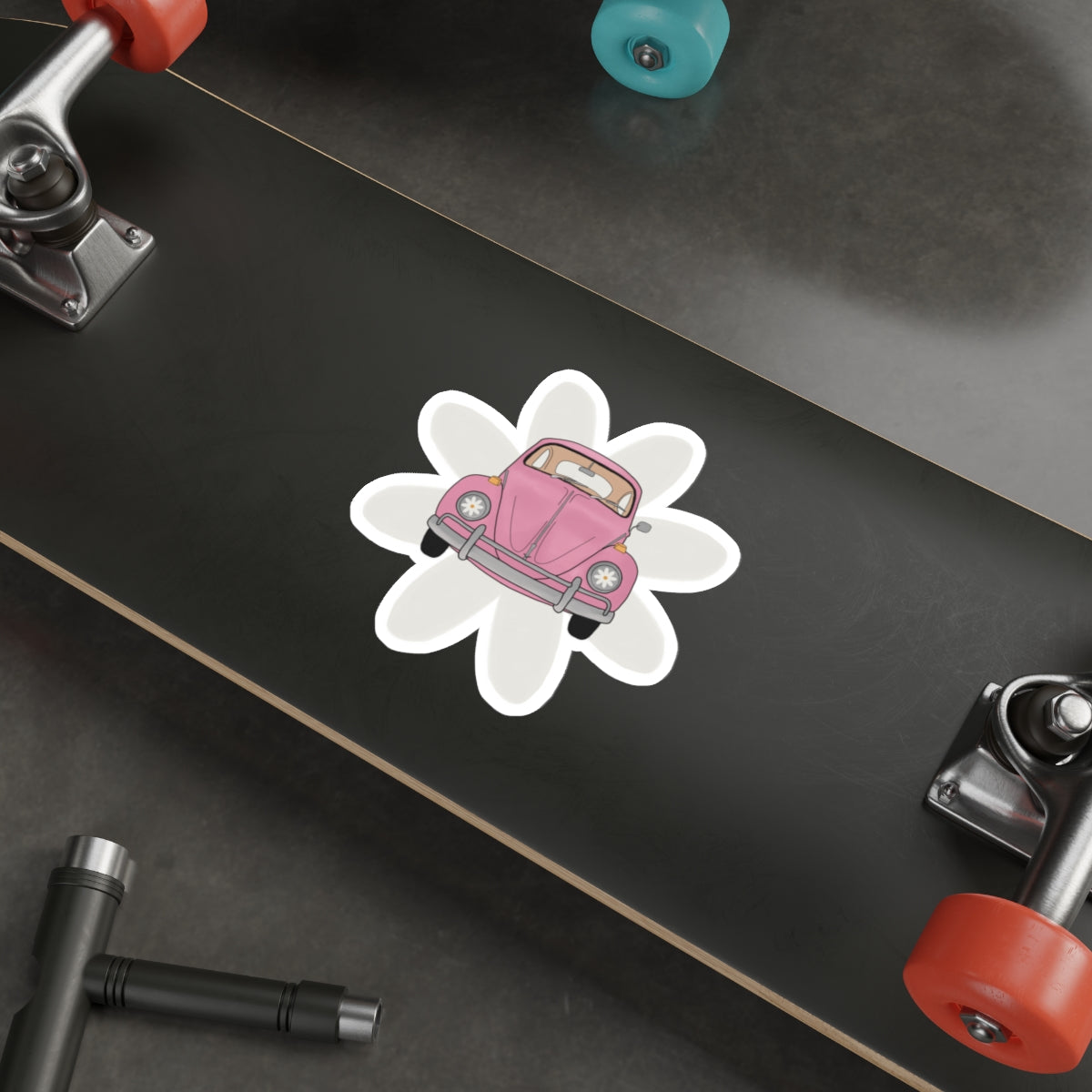 Vintage Pink Beetle Die-Cut Sticker — Cute Retro Car Flower Decal