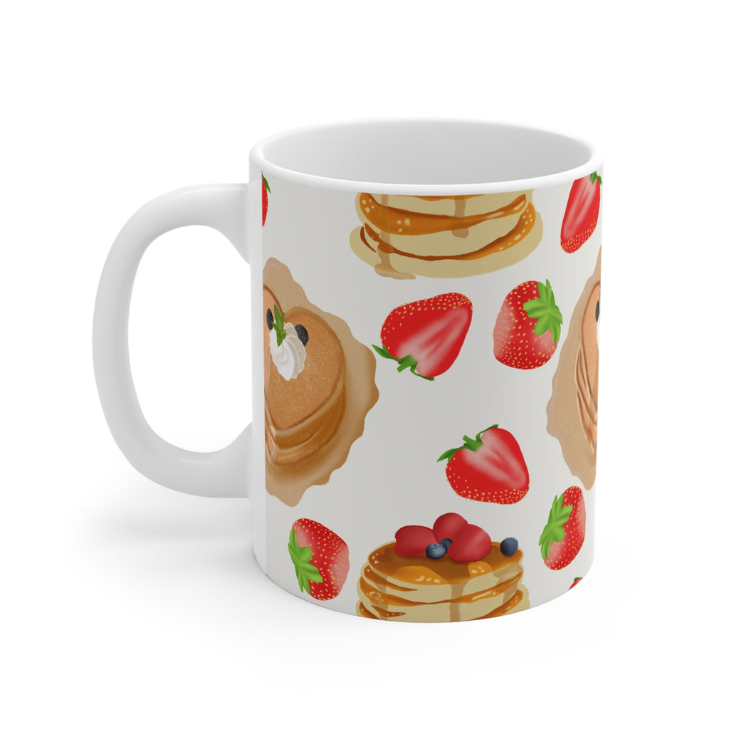 Strawberry Pancake Pattern 11oz Ceramic Mug — Cute Breakfast Stack Coffee Cup