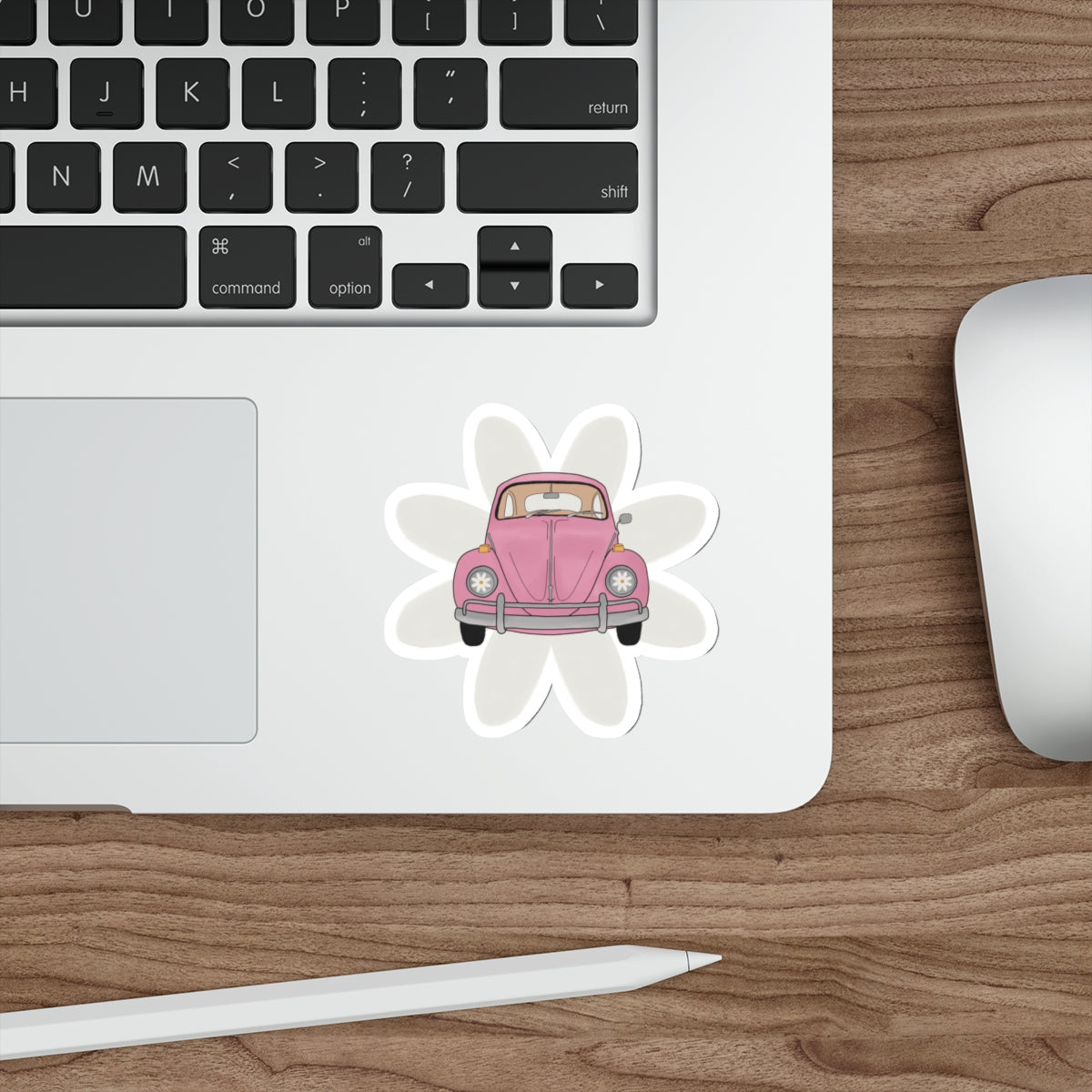 Vintage Pink Beetle Die-Cut Sticker — Cute Retro Car Flower Decal